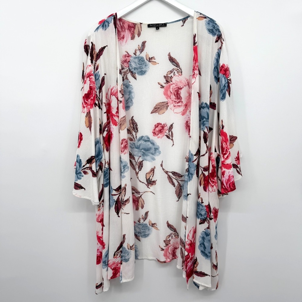 Glitzy Girl Kimono‎ Cardigan Cover Up Duster Size 2X Floral 3/4 Sleeve Coastal